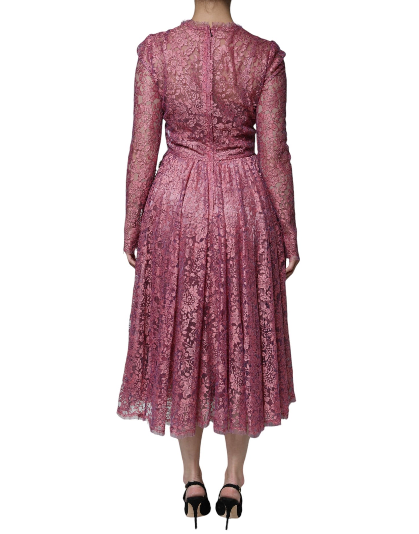 Dolce &amp; Gabbana – Langärmliges Midikleid aus rosa Blumenspitze