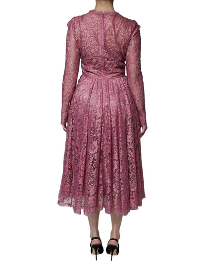 Dolce &amp; Gabbana – Langärmliges Midikleid aus rosa Blumenspitze