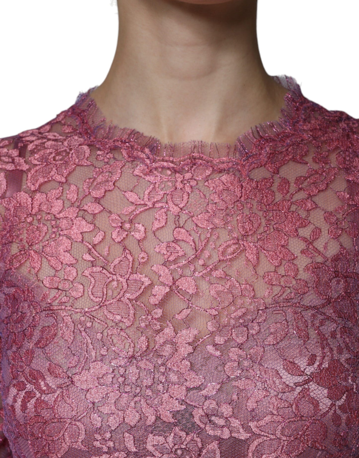 Dolce &amp; Gabbana – Langärmliges Midikleid aus rosa Blumenspitze